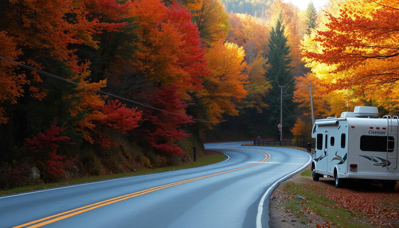 A white RV parked along a winding road surrounded by vibrant fall foliage, with trees in shades of orange, red, and yellow against a backdrop of forested hills.